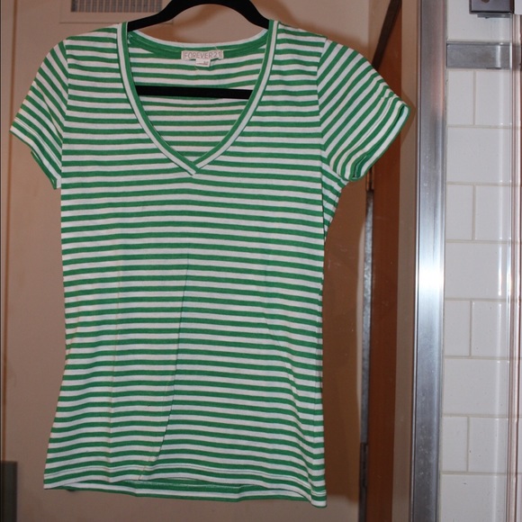 Forever 21 Green & White Striped V-Neck - Picture 1 of 2