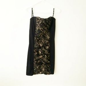 XOXO Strapless LBD with Gold Lace Ruching