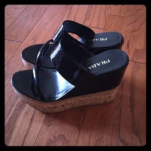 Prada cork and patent leather wedges