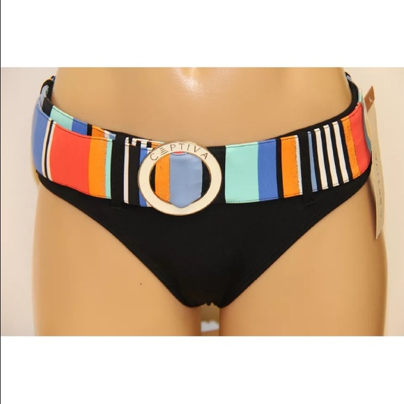 👙Black Hipster Bikini Bottoms w/Striped Belt L