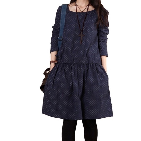 Polka Dots Drawstring Oversized Shirt Dress Blue.