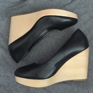Black leather wooden wedges