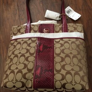 Coach Python Stripe Tote Khaki/ Raspberry