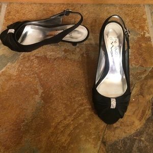 2 inch black satin heels with a diamond detail