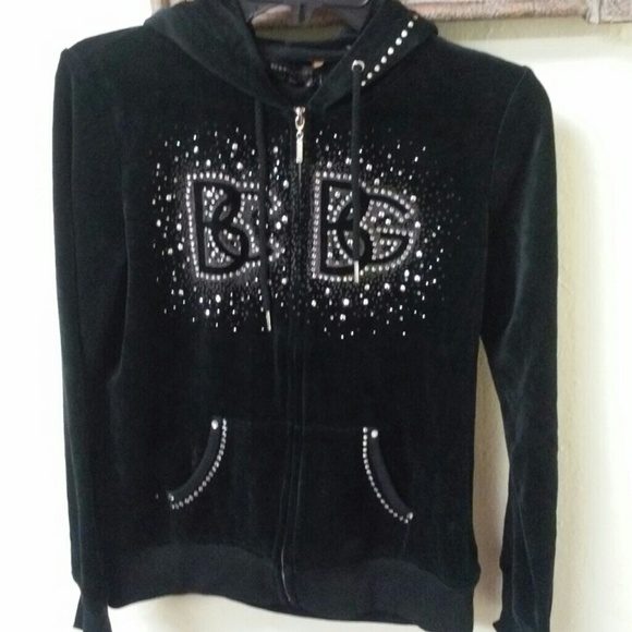 BCBG MAXAZRIA black Velour Hooded Zipper Jacket.