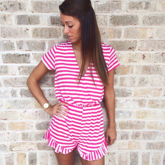 Pink and white stripes playsuit romper.