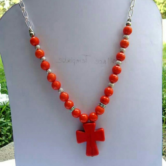 Orange beaded cross necklace