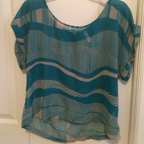 Vibrant teal and gray printed sheer top - Picture 1 of 3