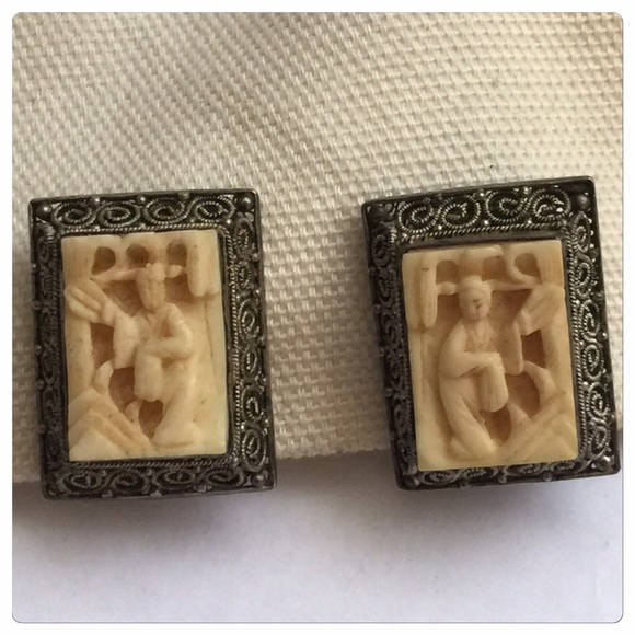 Vintage Jewelry - BUNDLED 1900's Sterling Carved Ivory Earrings