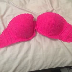 VS pink lace strapless bra.