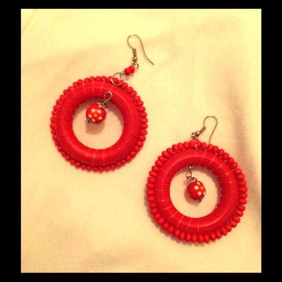 CUTE Dangle 2 1/2" Red Hoop Earrings