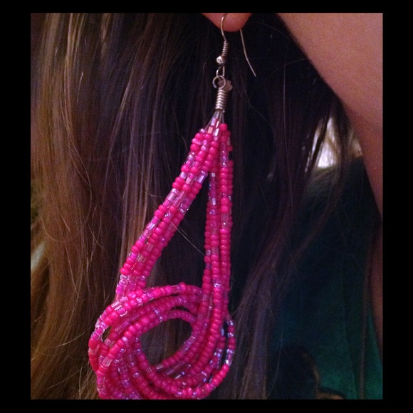 HOT Pink Beaded Dangle 3 1/2" Earrings
