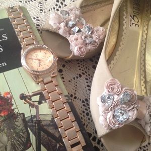 Cream Peep-Toe Flats With Floral Accents