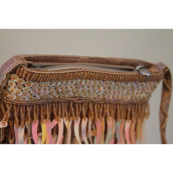 Flashy Light Brown / Tan Purse w Sequins and Beads - Picture 2 of 3