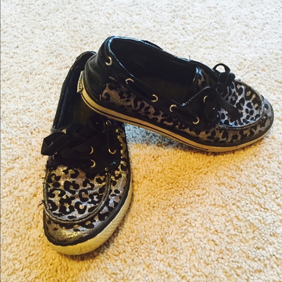 Sperry like black and silver sparkle leopard shoes