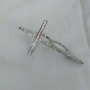 Silver Crystal Cross Two Finger Ring