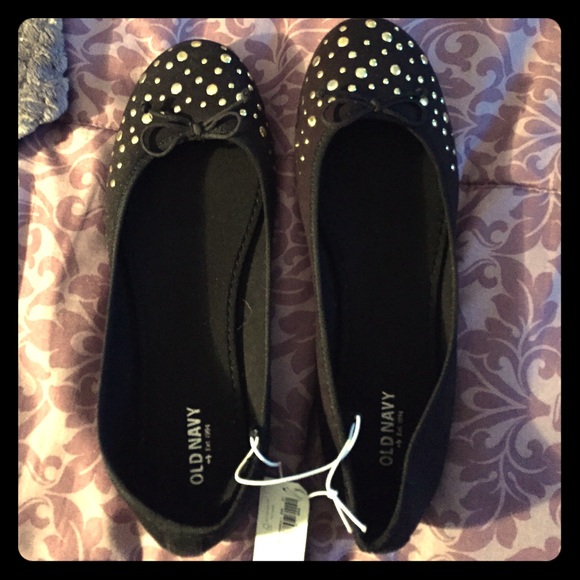 Black flats with small bow & silver jewels on top