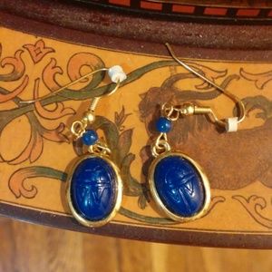 Carved blue scarab beetle earrings