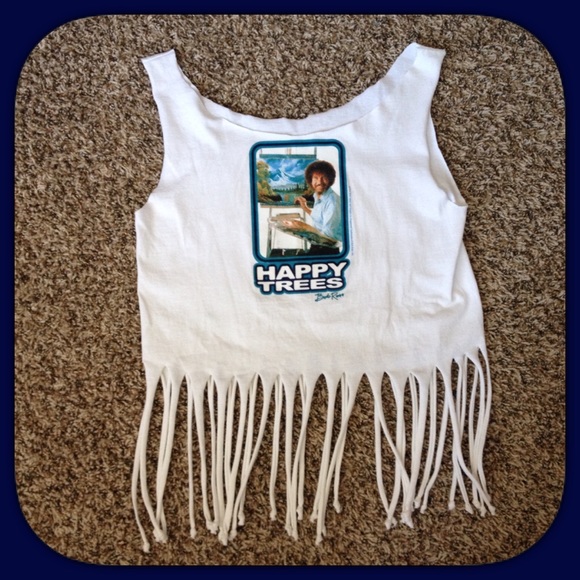 ~HP~ OOAK Bob Ross Happy Trees Fringe Crop Tank - Picture 6 of 9