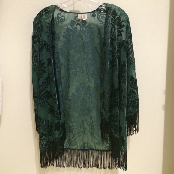turquoise blue teal fringe velvet kimono