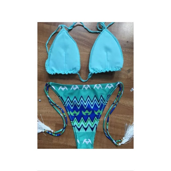 Blue Aztec crochet tassel bikini swimsuit set S - Picture 2 of 2