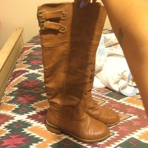 brown tall buckled boots