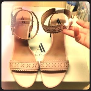Ava & Aiden blush laser cut, wood heel sandals.