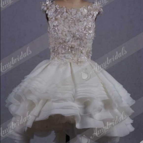 Short illusion back white lace organza ball gown