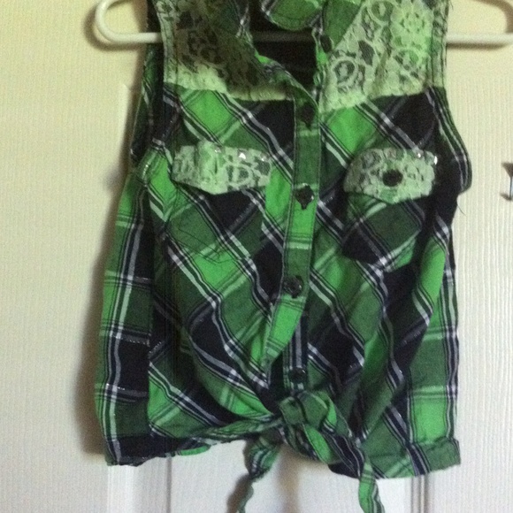 Green plaid and lace top/crop top