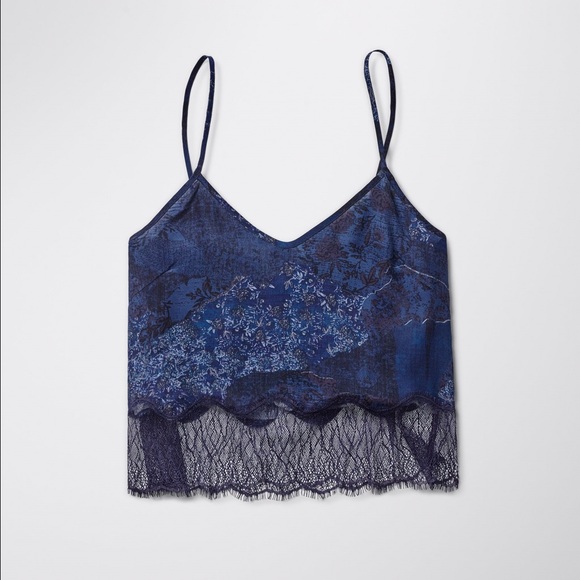 Aritzia Cropped Blue Silk Camisole w/ Scallop Lace