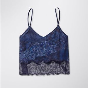 Aritzia Cropped Blue Silk Camisole w/ Scallop Lace
