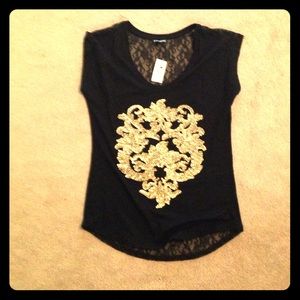 Lace back black and gold shirt