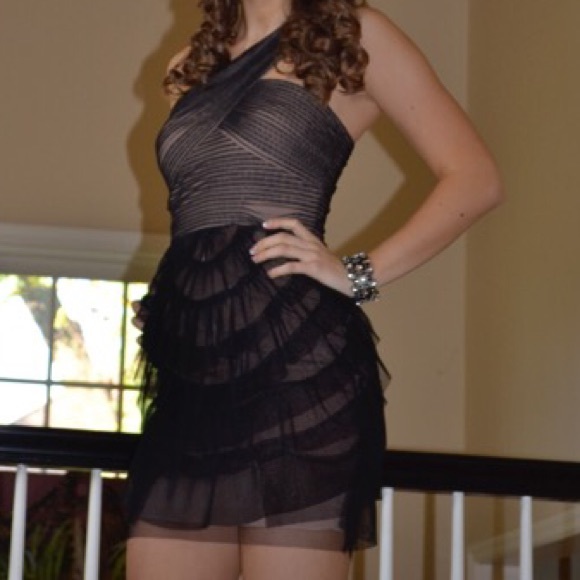 BCBG Ella Pleated One-Shoulder Dress in Black