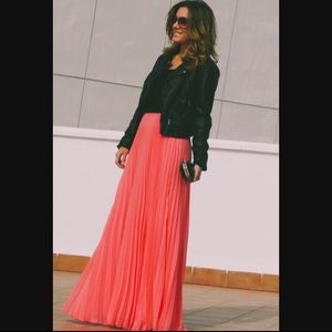 Neon Coral Pleated Maxi Skirt