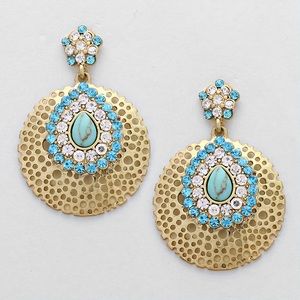 Rhinestone cut out disc drop gold earrings