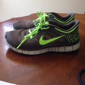 Electric green and stone brown Nike free runs