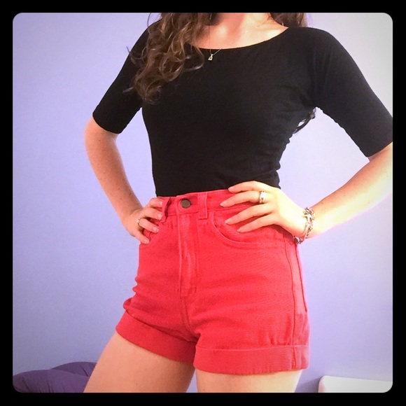 Red High-Waisted Denim Shorts