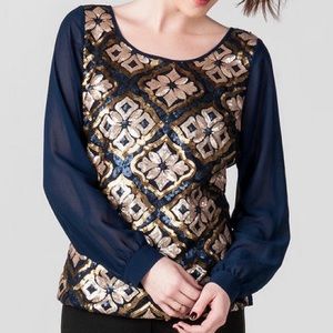 Francesca's Navy Sequin Blouse, Size L
