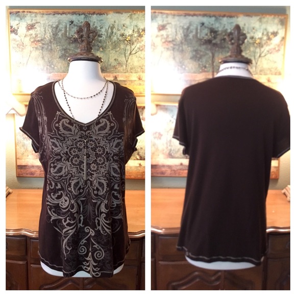 Mixed media brown tone short sleeved top