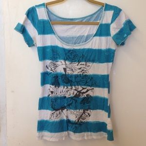 Blue and White Striped Shirt w/ Skull Graphic