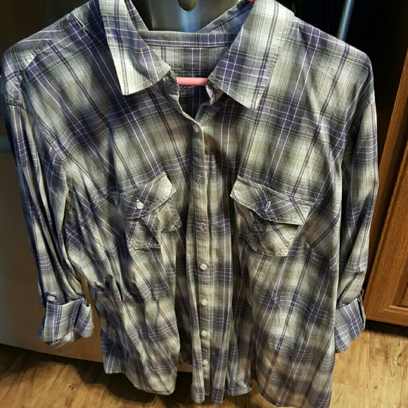 Purple and gray stripes on white button downshirt