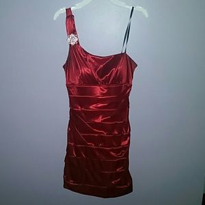 fancy shiny red dress including the flower pin