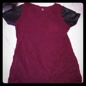 Maroon v-neck tee with faux leather sleeves