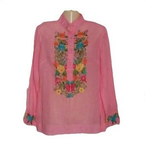Vintage 70s cotton embroidered pink blouse