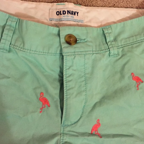 Old Navy teal shorts with hot pink flamingo detail