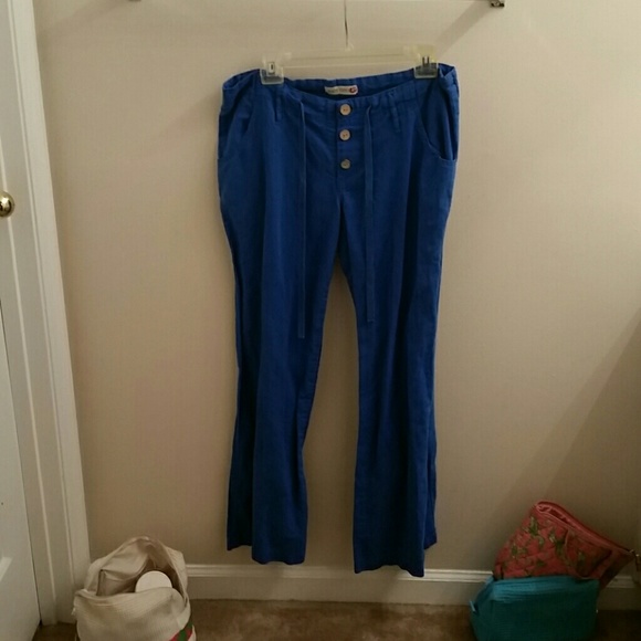 Blue linen pants. See third pic modeling them