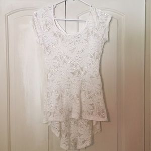 White lace high low peplum top with open back