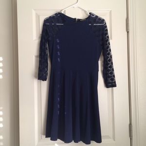 Navy blue skater dress with sheer sleeves