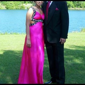 Hot pink formal gown with black and white detail