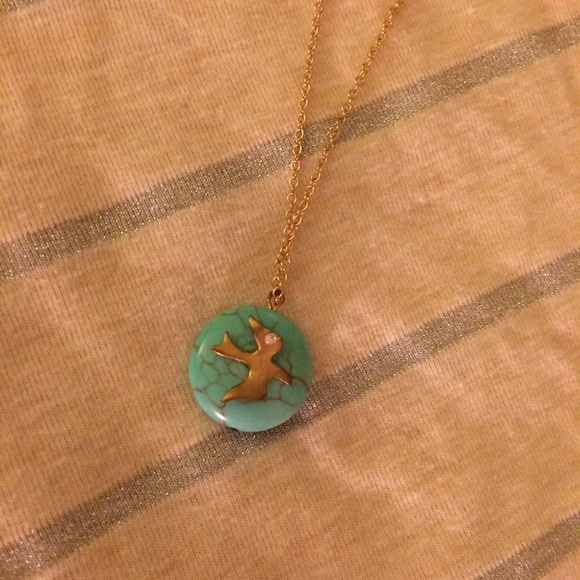 Gold necklace with turquoise rock pendant w/ dove. - Picture 2 of 3